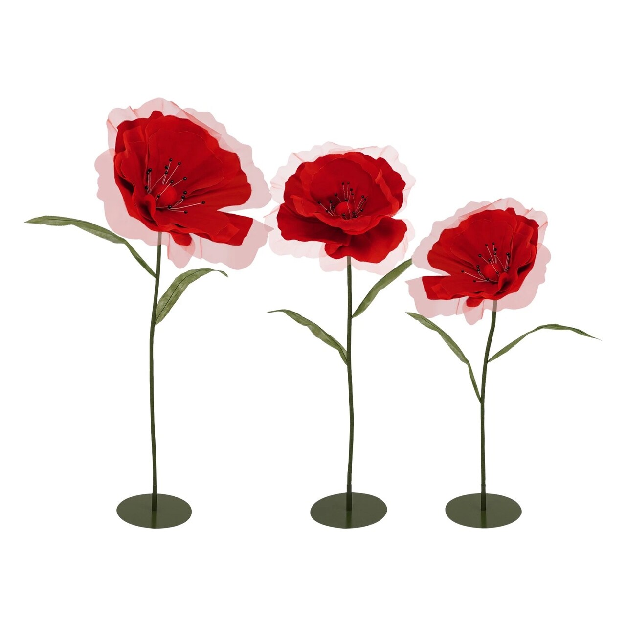 3-Piece Giant Artificial Flower Set – Red & Green Party Decor